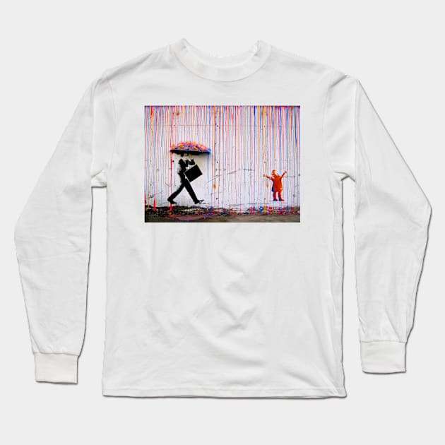 Banksy Colorful Rain Long Sleeve T-Shirt by SharpWallArts